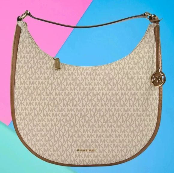 Michael Kors Handbags - Michael Kors Jet Set Linda Acorn Leather Vanilla Monogram Large Hobo